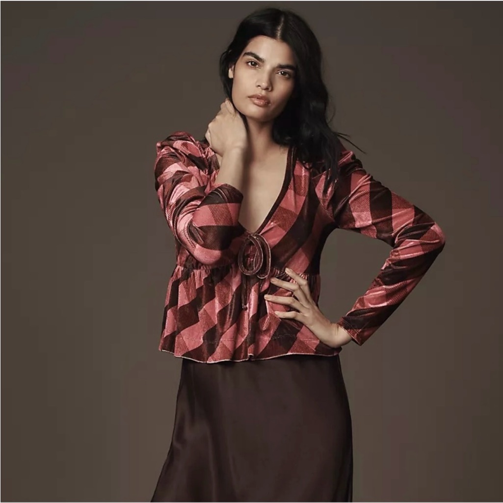 Anthropologie Maeve Velvet Baby Doll Pink And Brown Plaid Top